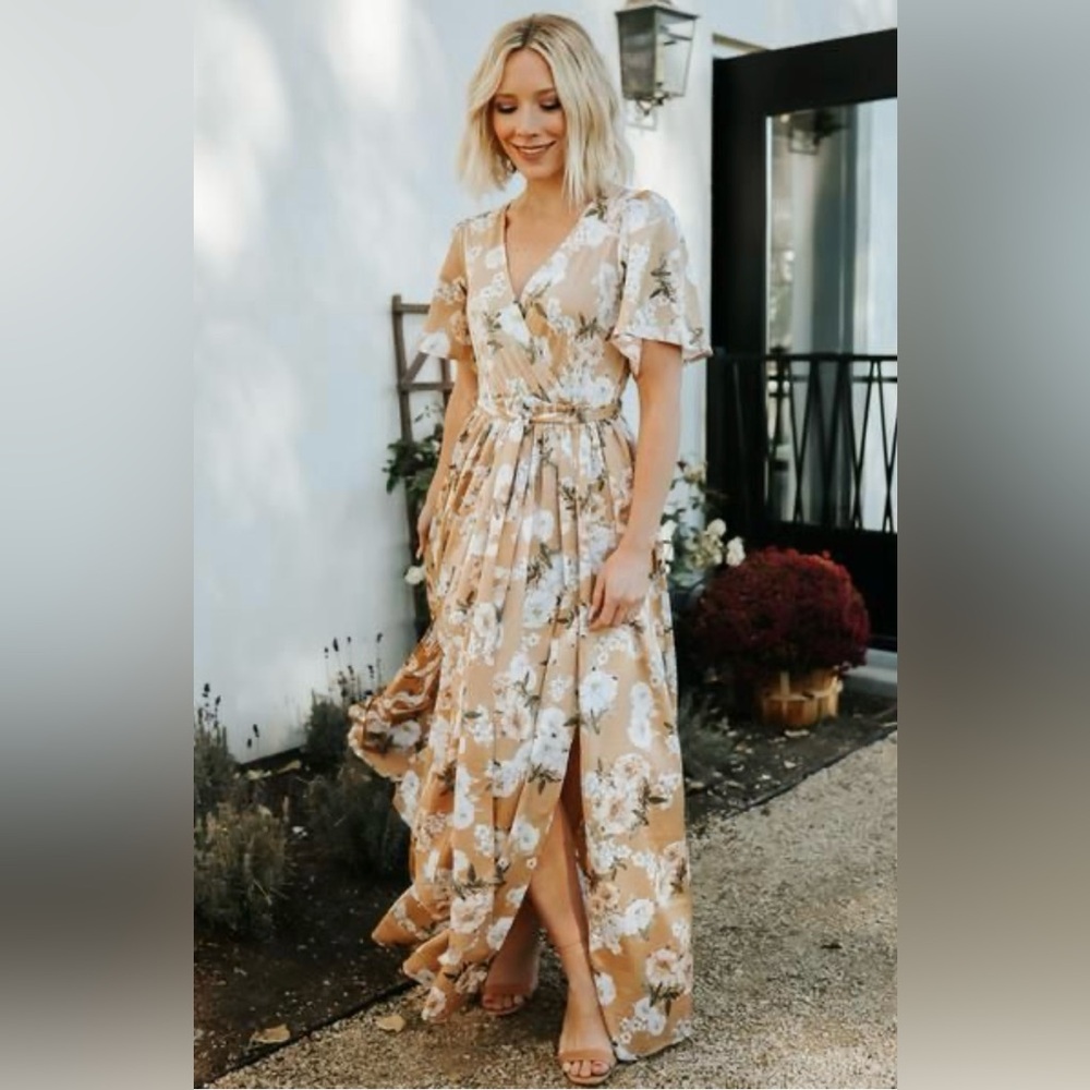 Baltic Born Sicily Satin Maxi Dress Taupe Floral